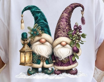 Christmas Gnome Tshirt PNG, Whimsical Gnomes With Lantern And Mistletoe Sublimation Design, Festive Holiday Digital Download