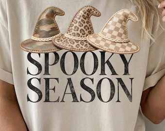 Spooky Season Tshirt PNG, Preppy Patterned Witch Hats, Trendy Halloween Chic Fall Sublimation Design, Instant Download Digital