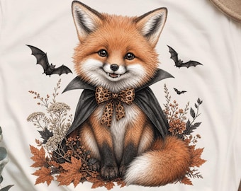 Vampire Fox Tshirt PNG, Spooky Cute Autumn Halloween Gift, Woodland Animal Sublimation Design, Floral Autumn Graphic Tee Digital Download