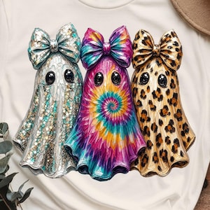 Glam Ghost Trio PNG, Sequin Tie Dye Leopard Faux Impasto Sublimation Design, Girly Ghost Bow T-Shirt PNG, Trendy Halloween Digital Download