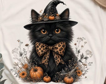 Witchy Cat Halloween Tshirt PNG, Faux Leopard Bow & Pumpkins Sublimation Design, Floral Fall Pumpkin Gift, Black Cat Shirt Digital Download
