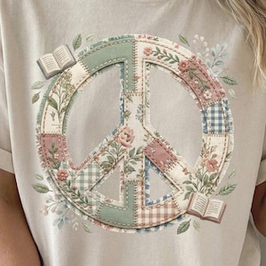 Bookish Peace Sign Tshirt PNG, Cottagecore Floral Faux Patchwork Print, Shabby Chic Book Lover Sublimation Design, Boho Graphic Tee Download