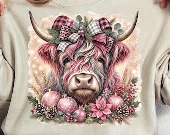 Trendy Highland Cow Tshirt PNG, Festive Christmas Farm Animal Sublimation Design, Winter Poinsettia Graphic Tee, Digital Download