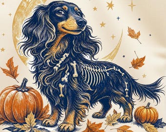 Skelett-t-shirt PNG, Halloween-sublimeringsdesign för Wienerhund, läskig hundgrafik, digital nedladdning för Doxie-hösten