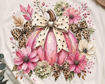 Pink Pumpkin PNG, Leopard Bow Floral Pumpkin Sublimation Design, Fall Western Pumpkin Clipart, Cheetah Bow Autumn PNG Digital Download