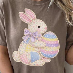 Faux Patchwork Easter Bunny PNG, Quilted Bunny And Egg Sublimation Design, Pastel Cottagecore Graphic Tee PNG, Spring Bunny Digital Download