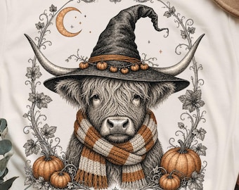 Highland Cow Halloween Tshirt PNG, Witch Hat Scarf Sublimation Design, Fall Pumpkin Clipart, Halloween Graphic Tee Digital Download