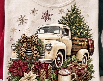 Vintage Christmas Truck Tshirt PNG, Trendy Leopard Bow Holiday Design, Retro Christmas Graphic Tee, Farmhouse Digital Download