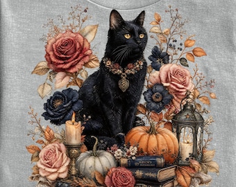 Gothic Black Cat Tshirt PNG, Witchy Cottagecore Shirt Sublimation Design Halloween Floral Graphic Tee PNG Digital Download