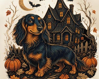 Spökhus-t-shirt PNG, trendig Halloween-worshund-sublimeringsdesign, gotisk läskig t-shirtgrafik, digital nedladdning för Doxie-hösten