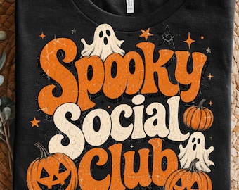Spooky Social Club Shirt PNG Retro Fall Vibe Distressed Graphic Tee Sublimation Design, Retro Groovy Halloween Instant Digital Download