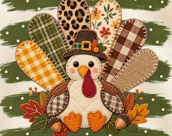 Camiseta PNG de pavo de Acción de Gracias, camisa de patchwork acolchada con plumas, estampado de leopardo a cuadros y hojas de otoño, diseño de sublimación de otoño para descarga digital