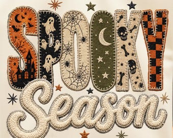 Spöklik säsongströja PNG, trendig fauxbroderi Halloween sublimeringsdesign, vintage lapptäcke höstgrafiktröja, digital nedladdning