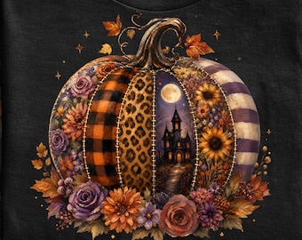 Diseño de camiseta de calabaza con retazos: cuadros búfalo, leopardo, flores, casa encantada (descarga digital)