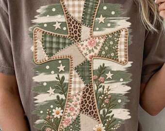 Camiseta con cruz cristiana PNG, diseño floral de patchwork falso por sublimación, camiseta gráfica religiosa de moda para descarga digital