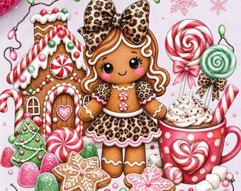 Gingerbread Girl Tshirt PNG, Leopard Christmas Cookie Design, Sweet Treats Candy House Graphic Tee , Holiday Festive Digital Download