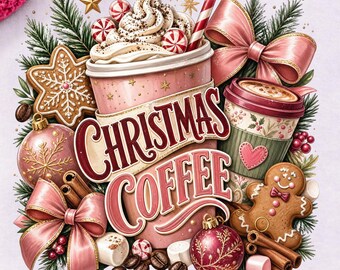 Christmas Coffee Tshirt PNG, Trendy Pink Coquette Bow Sublimation Design, Cozy Coffee Lover Holiday Shirt,Festive Coffee Digital Download
