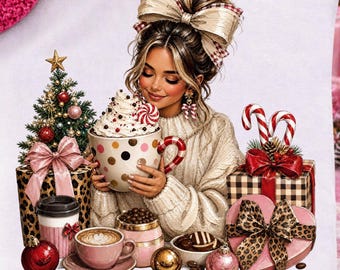 Glam Christmas Coffee Tshirt PNG, Preppy Coffee Lover Shirt Sublimation Design, Trendy Holiday Cafe Instant Digital Download