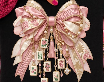 Camiseta con lazo de mahjong PNG, imágenes prediseñadas de cinta rosa estilo chinoiserie, dijes de azulejos Coquette Grandmillennial, descarga digital de diseño de sublimación