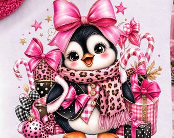 Pink Christmas Penguin PNG, Preppy Girly Holiday Leopard Bow Tshirt Sublimation, Winter Coquette Digital Download Shirt Design