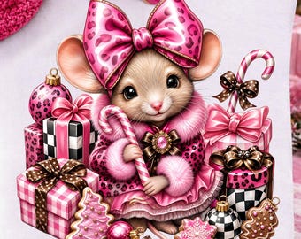 Pink Christmas Mouse PNG, Preppy Leopard Bow Holiday Treats Tshirt Design, Trendy Holiday Coquette Shirt Sublimation Digital Download