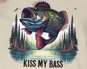 Humorous Kiss My Bass T-Shirt PNG, Funny Fishing Sublimation Design, Largemouth  Graphic Tee PNG Instant Digital Download