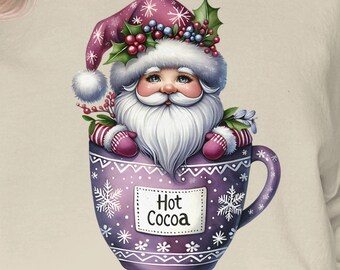 Weihnachtsmann-in-der-Tasse-T-Shirt (PNG), Heiße-Schokolade-Weihnachtsmotiv, weihnachtliches Sublimations-T-Shirt. Lustiger Weihnachtsmann – sofortiger digitaler Download.