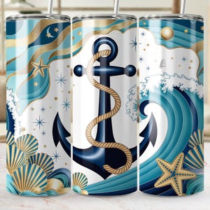 Nautical Anchor 20 oz Tumbler Wrap, Ocean Wave Sublimation Design, Starfish Seashell Tumbler Skin, Digital Download