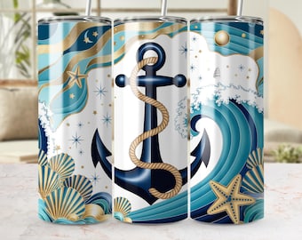 Nautical Anchor 20 oz Tumbler Wrap, Ocean Wave Sublimation Design, Starfish Seashell Tumbler Wrap PNG, Digital Download