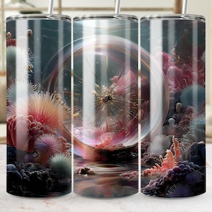 May include: Three stainless steel tumblers with a wraparound design featuring an underwater scene with colourful coral, sea anemones, and a large, spherical, transparent object. The design includes shades of pink, blue, and white.