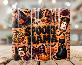 Spooky Mama Tumbler Wrap, 20 oz PNG, Leopard Pumpkin Witch Hat Sublimation Design, Ghost Plaid Bow, Halloween Digital Download