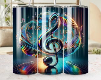 Envoltório de copo digital com clave de sol musical PNG, Envoltório de copo fino com sublimação Music Is Life, Download digital de música colorida