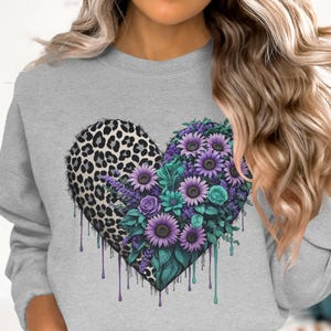 Leopard Floral Heart Graphic T-Shirt Design PNG, Purple Sunflower Shirt, Unique T Shirt, Gift for Her, Trendy Floral Animal Print Tee
