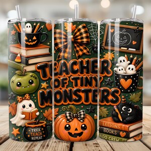 Adesivo per bicchiere termico Teacher of Tiny Monsters da 20 oz, sottile, PNG, simpatici fantasmi spettrali ed elementi scolastici, regalo di Halloween, design a sublimazione senza cuciture