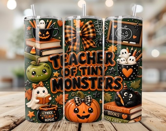 Teacher of Tiny Monsters Tumbler Wrap 20oz Skinny PNG, Cute Spooky Ghosts and School Elements,Halloween Gift Seamless Sublimation Design