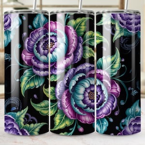 Purple Floral 20 oz Tumbler Wrap PNG, Peony Floral Sublimation Instant Digital Download Design, Elegant 20oz Tumbler Design