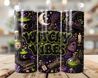 Witchy Vibes Tumbler Wrap 20 oz PNG, Spooky Cute Cat, Cauldron & Moon, Halloween Gift Sublimation Design, Witch Aesthetic Digital Download