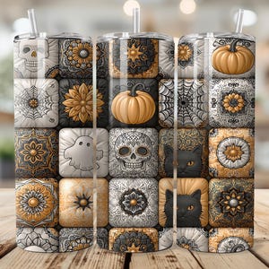 Halloween Tumbler Wrap 20 oz PNG, Spooky Chic Skulls Black Cat, Pumpkin Tile Seamless Gift Sublimation Design Digital Download