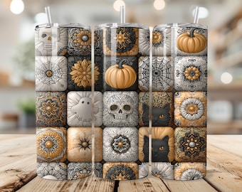 Halloween Tumbler Wrap 20 oz PNG, Spooky Chic Skulls Black Cat, Pumpkin Tile Seamless Gift Sublimation Design Digital Download