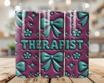 Therapist Tumbler Wrap, 20 oz PNG, Cute Bubble Bows And Flowers Sublimation Design, Glossy 3D Effect, Seamless Digital Download