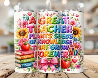 Teacher Tumbler Wrap PNG, Teacher Appreciation Gift, 20oz Skinny Tumbler Wrap, Teacher Sublimation PNG, School Staff Gift, Teacher Download