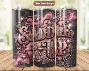 Adesivo para copo térmico Saddle Up, 591 ml (20 oz), PNG, Rodeio com strass rosa e glitter, Estampa de leopardo e glamour de cowgirl, Download digital para sublimação sem costura