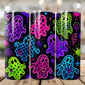 Ghost Tumbler Wrap 20 oz PNG, Y2K Spooky Cute Goth Vaporwave Sublimation Design, Neon Halloween Skinny Wrap, Retro Seamless Digital Download