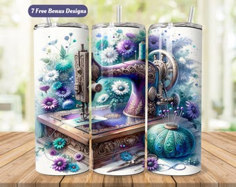 Sewing Machine Tumbler Wrap, 20 oz PNG, Vintage Style, Floral Accents, Teal Purple Seamless Sublimation Design, Digital Download ONLY