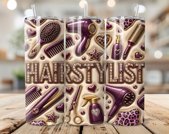 Hair Stylist Tumbler Wrap 20 oz PNG, Glamorous Leopard Print and Faux Diamonds Seamless Sublimation Design, Purple Inflated Hairdresser Gift