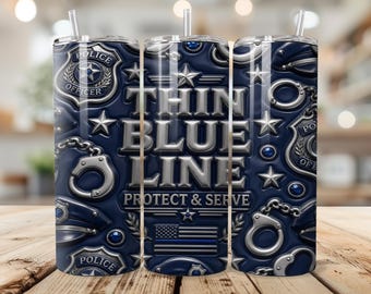 Thin Blue Line Tumbler Wrap 20 oz PNG, Police Officer Support Sublimation Design Protect and Serve Skinny Wrap Digital Download
