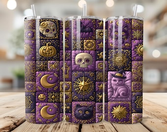 Quilted Halloween Witchy Tumbler Wrap, 20 oz PNG, Spooky Gold Purple Quilted Cat Skull Sublimation Design, Ornate Seamless Digital Download