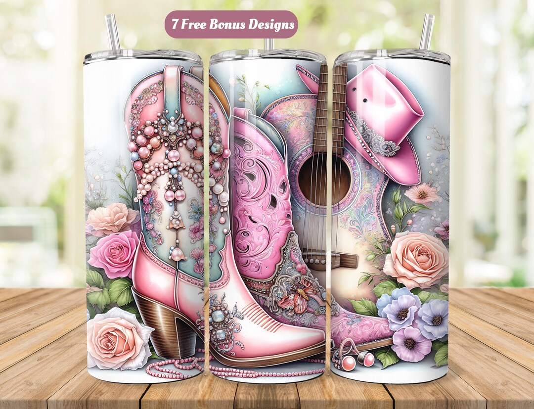 Western Cowgirl Tumbler Wrap PNG, Pink Cowboy Boots, Floral Guitar ...
