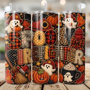 Spooky Firefighter Tumbler Wrap 20 oz PNG, Cute Ghost Patchwork Plaid Halloween Sublimation Design, Fall Fireman Gift Digital Download