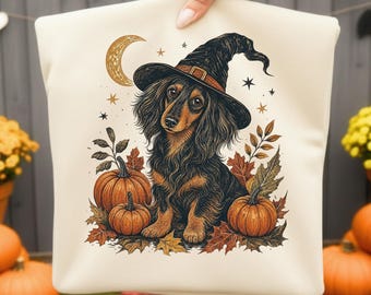 Halloween-tröja PNG, sublimeringsdesign för häxhund, läskig hösttröja, digital nedladdning för Doxie-hund